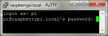 The login prompt for the Raspberry Pi by SSH in PuTTY