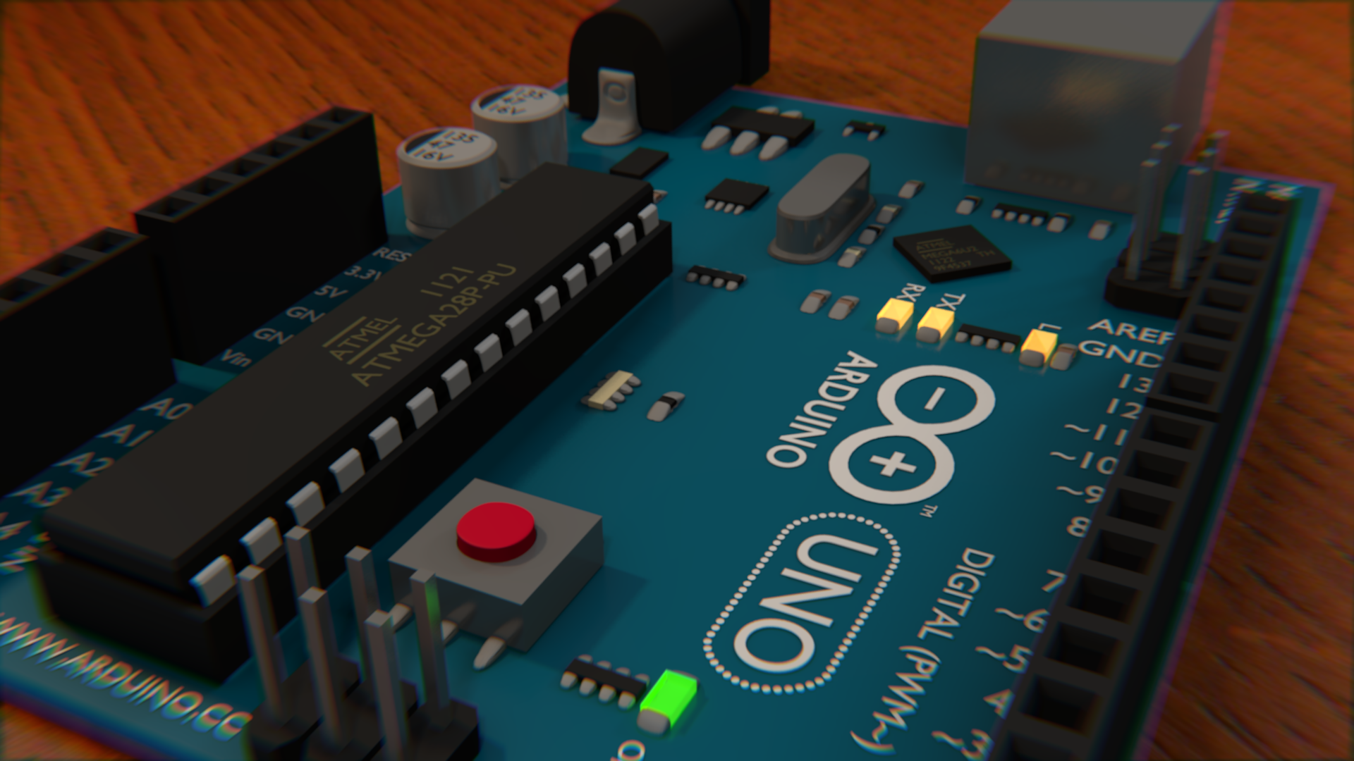 Another angle of the finished Arduino Uno in Blender