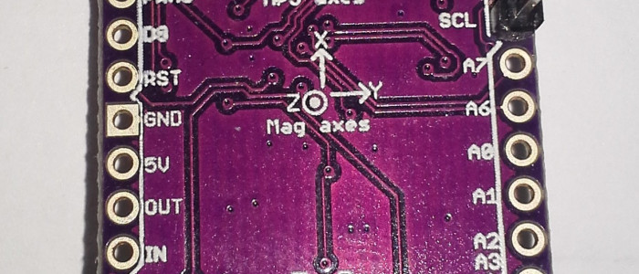 An ArduIMU v3 9 DOF orientation sensor, taken from the bottom