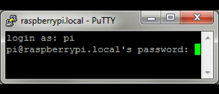 The login prompt for the Raspberry Pi by SSH in PuTTY